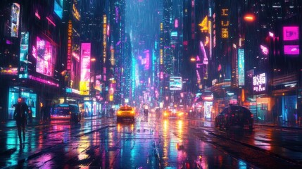 Obraz premium Glowing neon cyberpunk city street view with abstract digital rain effects, vibrant holograms and futuristic city atmosphere, background wallpaper AI generated image