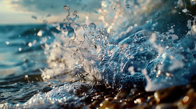 Dramatic wave crashing on rocky shore