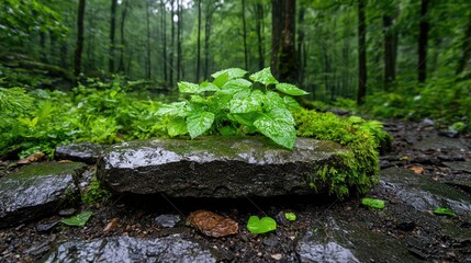 Lush plants on wet rocks in a misty forest
