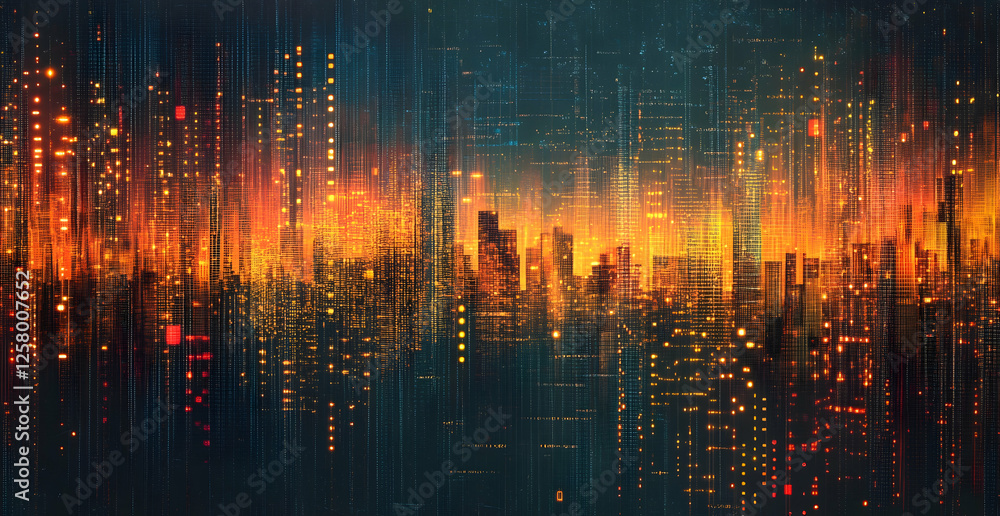Poster abstract digital background with glowing waves of colorful light and dots