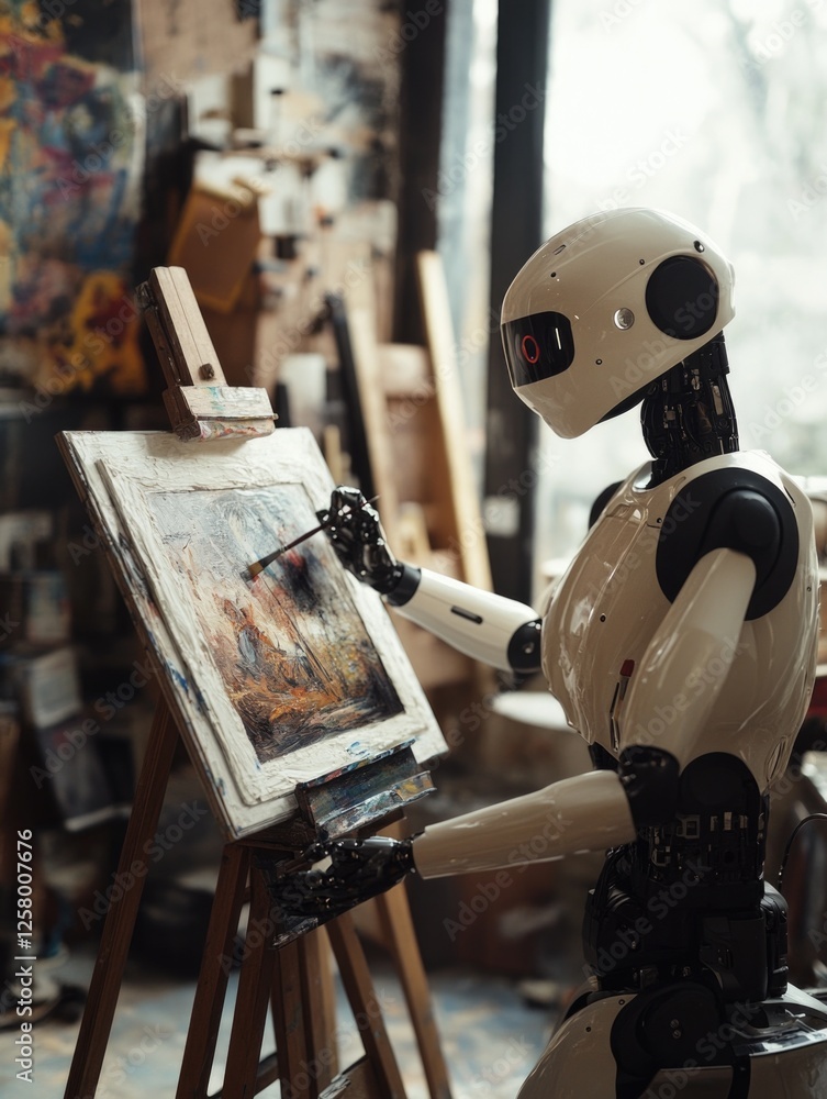 Poster robotic artist working on canvas in studio, creating a portrait with paintbrush.