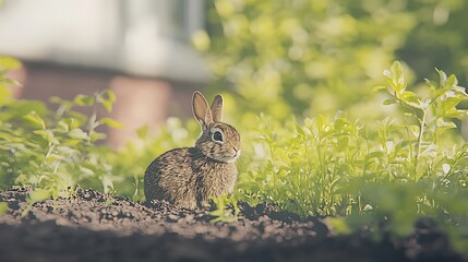 Alert Cottontail Rabbit in Natural Setting Sunlight and Greenery Garden Wildlife Observation