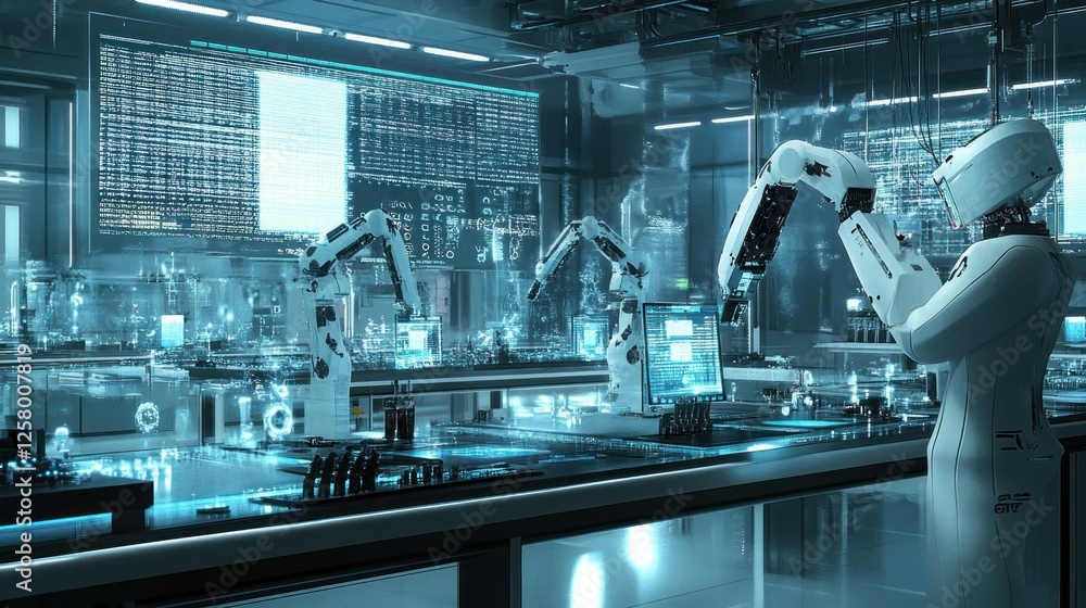 Poster high-tech laboratories filled with ai-powered machines, robotic arms that assemble microchips, backg