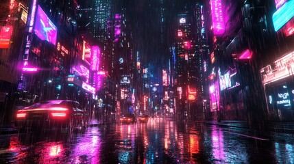 Fototapeta premium Glowing neon cyberpunk city street view with abstract digital rain effects, vibrant holograms and futuristic city atmosphere, background wallpaper AI generated image