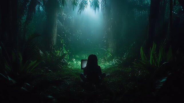 Alone in the Forest with Tech Device Under a Spotlight in the Deep Lush Mysterious Jungle Realm