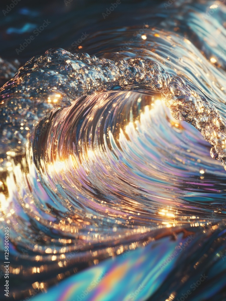 Poster spectacular ocean wave captured under golden light, creating a sparkling and mesmerizing effect on t