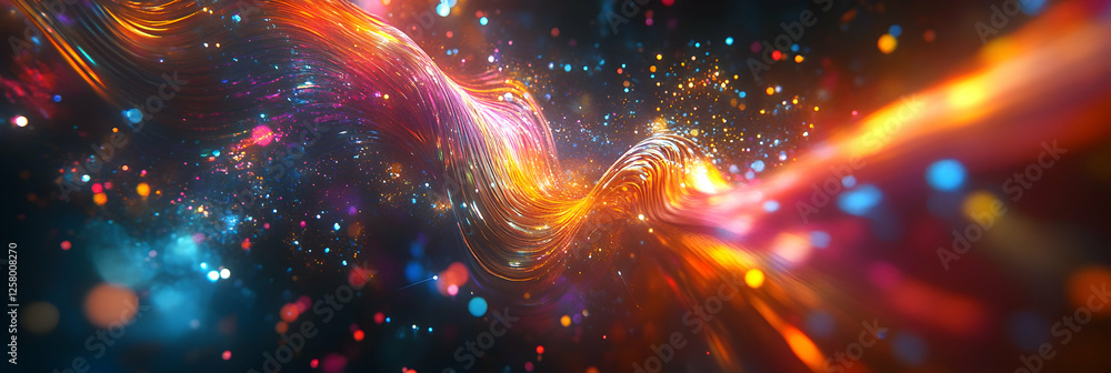 Poster abstract digital background with glowing waves of colorful light and dots