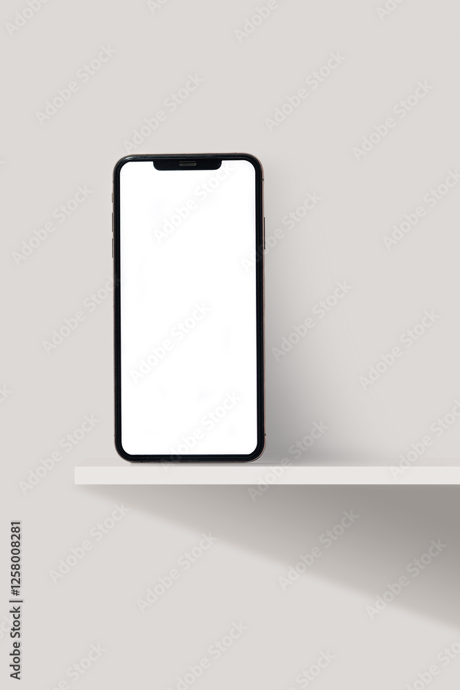 Poster a smartphone with a blank white screen is placed on a minimalist shelf, perfect for use as a mockup 