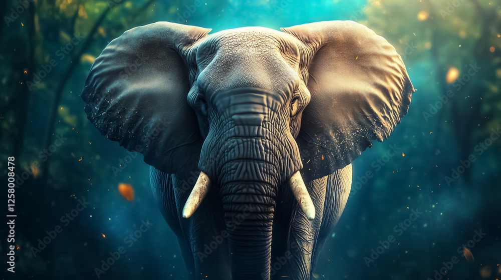 Poster majestic elephant gazing directly at the viewer surrounded by tall trees and soft sunlight filtering