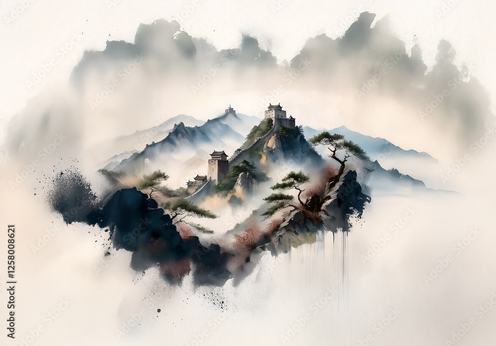 Poster a misty, painterly landscape of china showcases a majestic mountain range with a winding ancient wal