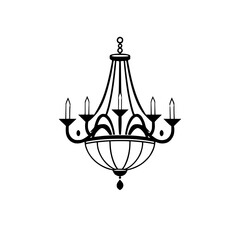 Black and white chandelier icon, simple graphic, isolated on white background, showing the chandelier design and its details, minimalist.