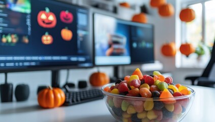Naklejka premium Halloween Treats at the Computer Desk