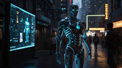 Naklejka premium Cyborg overlooking futuristic city at night.