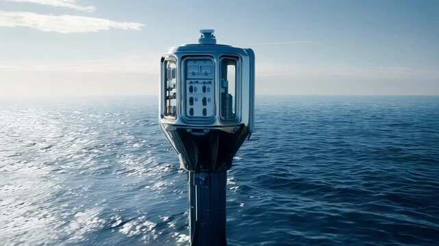 Polished metal periscope slowly rising above gentle waves, revealing complex control panel with gauges, dials, and switches, against a backdrop of serene blue ocean and clear sky