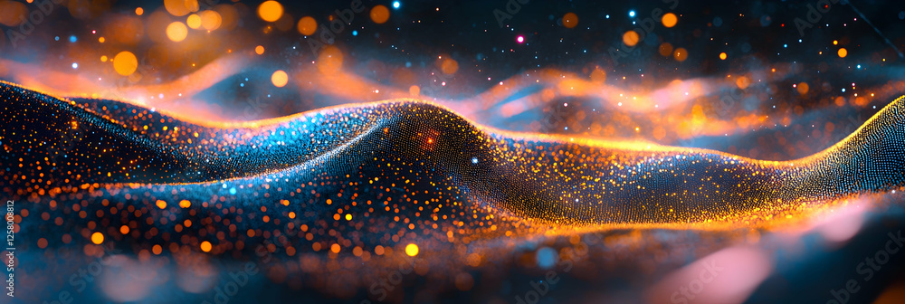 Poster abstract digital background with glowing waves of colorful light and dots