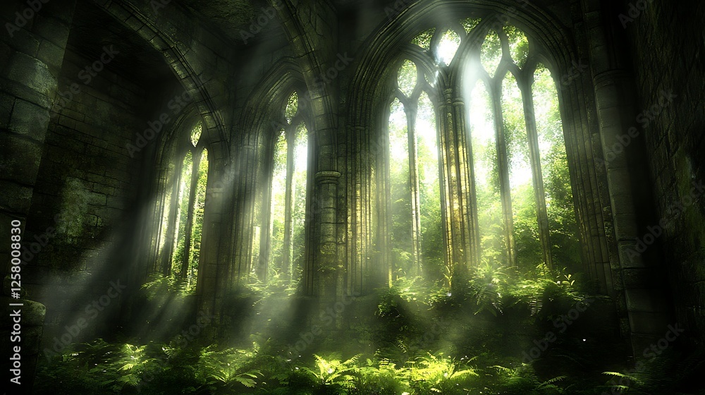 Poster ancient stone architecture illuminated by sunlight streaming through windows in lush greenery