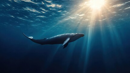 Fototapeta premium Majestic blue whales swimming gracefully, sunlight streaming through the ocean, schools of fish moving in harmony, peaceful and awe-inspiring, dreamy underwater ambiance, hyper-realistic details