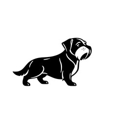 Silhouette of a dog, facing right, with large floppy ears, a small tail, and white chest.