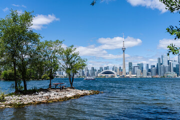 Toronto Island Park Wooden Bench. Toronto City downtown skyline in the background. Ontario, Canada.