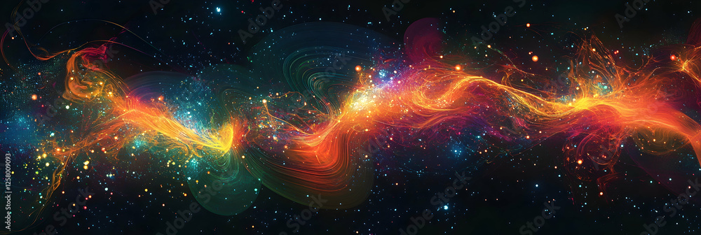 Poster abstract digital background with glowing waves of colorful light and dots
