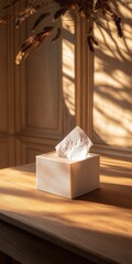 a tissue box with a subtle, textured surface, placed on a wooden table, casting soft shadows