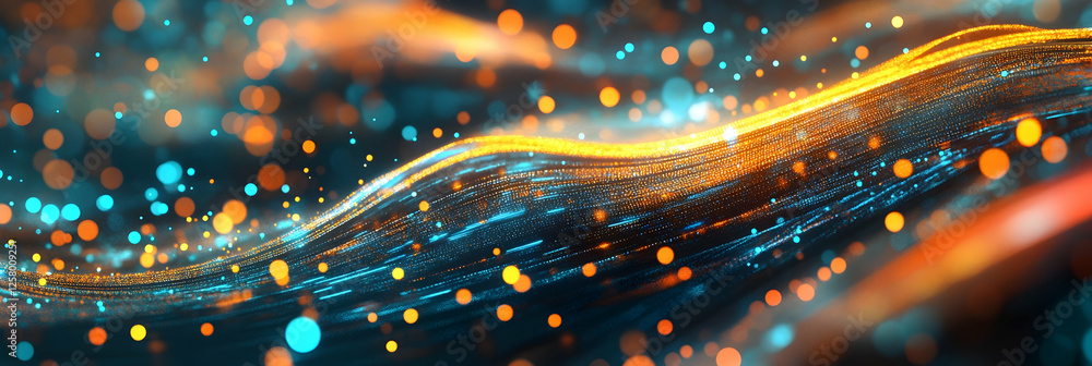 Poster abstract digital background with glowing waves of colorful light and dots