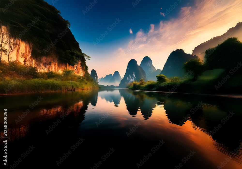 Poster serene china landscape of karst mountains reflecting in calm river at twilight. lush greenery flanks