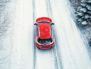 Car driving through snow, winter scene.