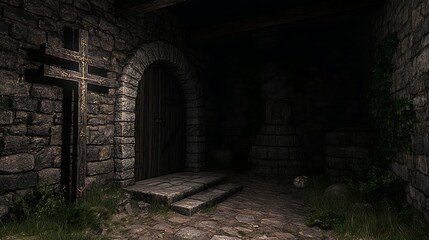 Fototapeta premium Ancient Stone Structure with Ornate Cross and Arched Entrance to the Unknown Darkness Realm