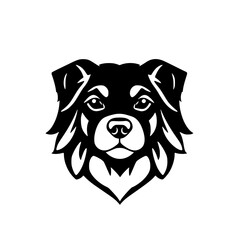 Simplified portrait of a dog, black and white, in a minimalist style, showing a frontal view, focusing on the face and facial features.