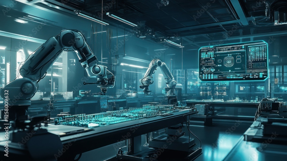 Poster high-tech laboratories filled with ai-powered machines, robotic arms that assemble microchips, backg