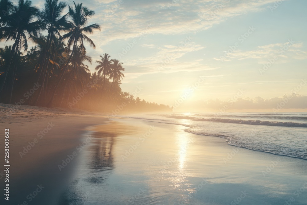 Poster Sunrise over a tranquil beach with palm trees reflecting on the gentle waves. Generative AI