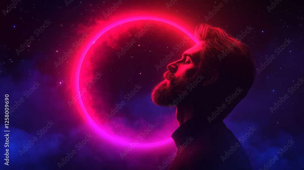 Aufkleber a stylized composition showing a man in profile with a bright neon planet orbiting in slow motion,
