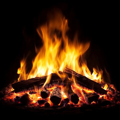 Fototapeta premium Burning Firewood in a Glowing Campfire with Bright and Lively Flames