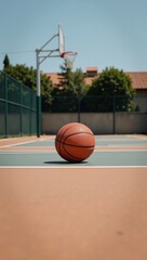 Naklejka premium Minimalist outdoor scene featuring an orange basketball under bright midday sunlight on an open basketball court