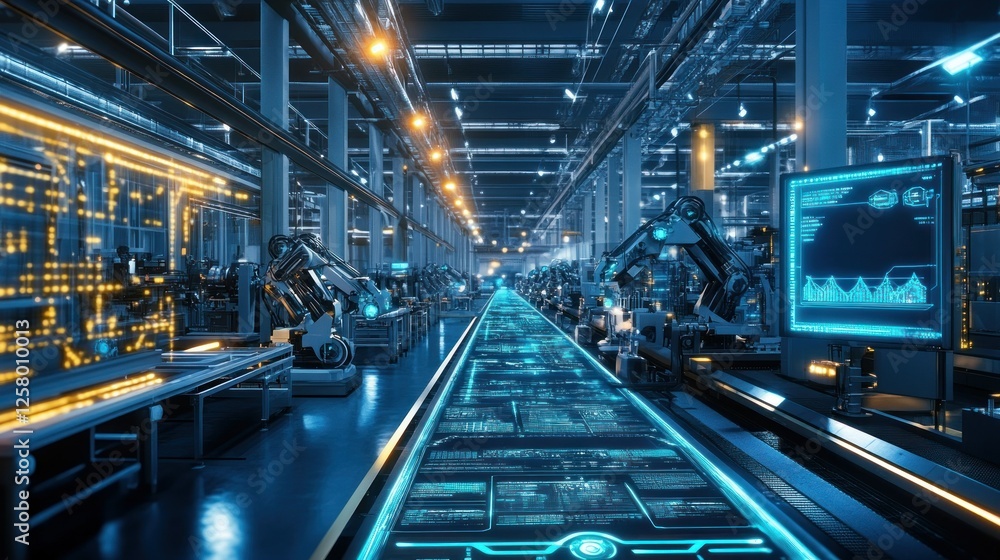 Poster hyper-modern factory with robot workers assembling futuristic gadgets, ai-controlled conveyor belts,