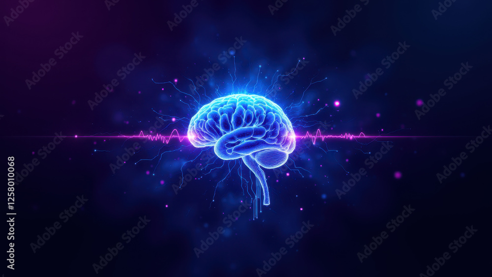Poster brain-like structure with neon energy lines in an ai theme.