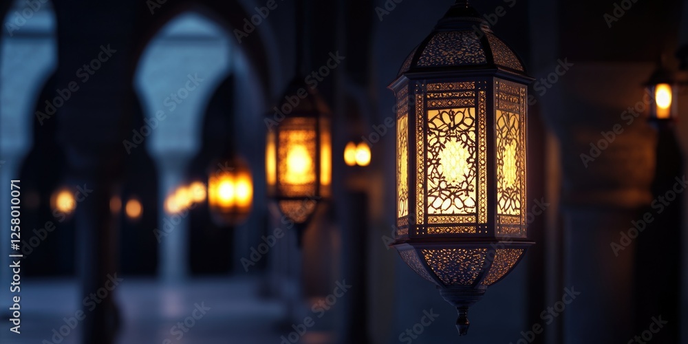 Poster the lanterns are traditional moroccan lanterns with intricate patterns, glowing inside an islamic ar