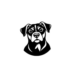 Black and white illustration of a dog portrait, featuring a front facing perspective against a white background.