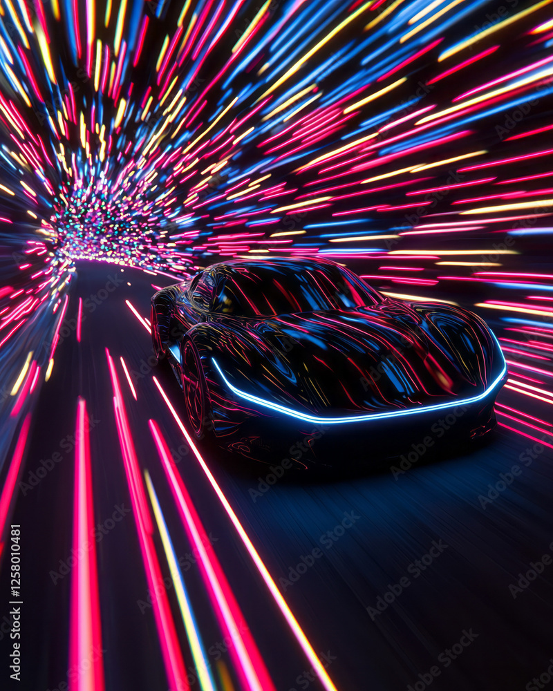 Poster a dynamic overhead angle showing a futuristic supercar weaving through streaks of multicolored