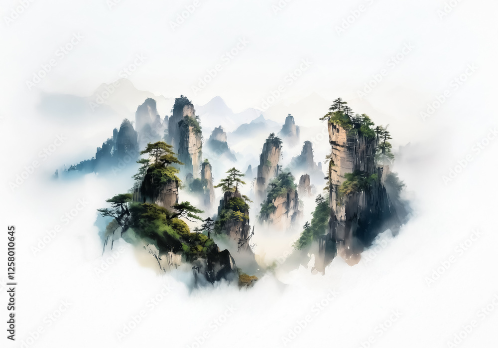 Poster a serene chinese landscape with mist-shrouded mountains. towering peaks and lush green trees rise th