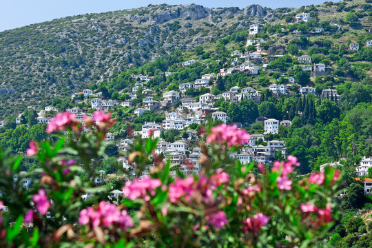 Makrinitsa village, panoramic view of this beautiful, traditional village at Mount Pelio, in central Greece, Europe. It's a famous travel destination