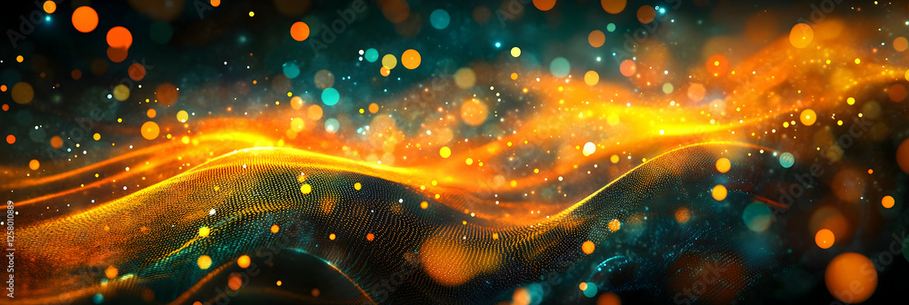 Poster abstract digital background with glowing waves of colorful light and dots