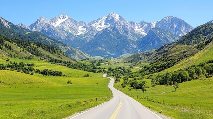 Naklejka premium Scenic mountain road winding through valley (1)