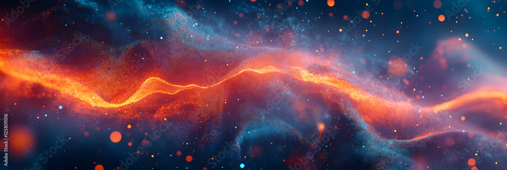 Poster abstract digital background with glowing waves of colorful light and dots