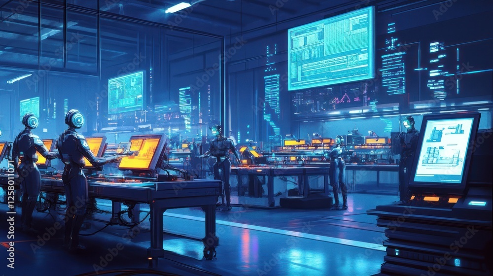 Poster hyper-modern factory with robot workers assembling futuristic gadgets, ai-controlled conveyor belts,