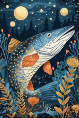 A stylized illustration of a fish surrounded by plants and a starry background.
