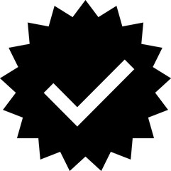 Bold black starburst icon featuring a prominent white checkmark.  Perfect for signifying approval, completion, or verification in websites, apps, and presentations.