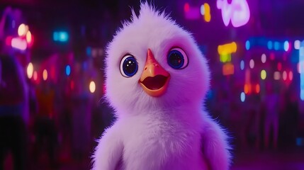 Naklejka premium Animated White Chick in Lively Nightclub with Glowing Neon Lights and Energetic Crowd Scene