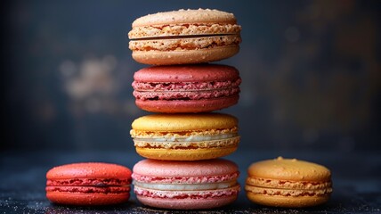 An artistic arrangement of broken macarons and crumbs scattered on a black background